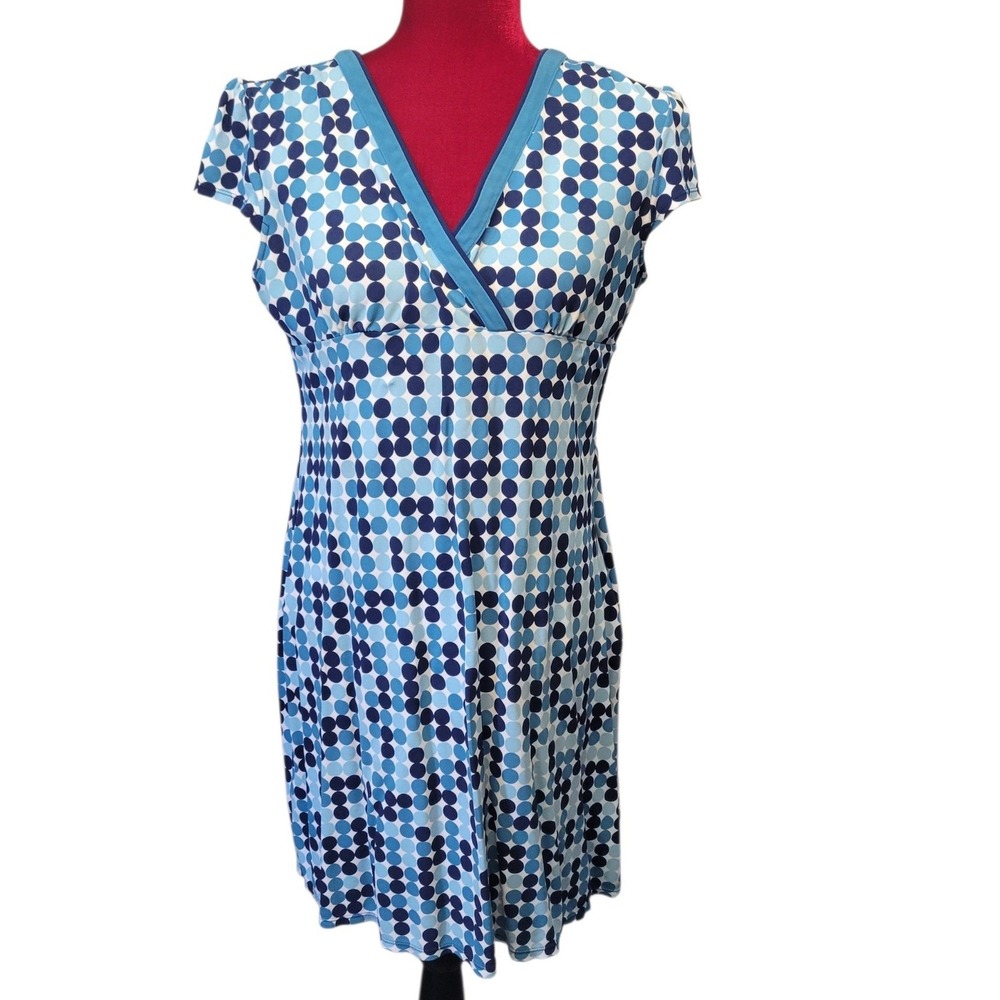 Ann Taylor Blue Polka Dot Faux Wrap V-Neck A-Line Dress Size 12